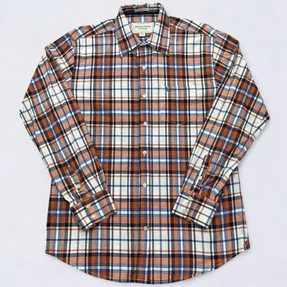 Abercrombie Fitch Shirt Men's XL Orange Plaid Button Down Long Sleeve Preppy - Picture 2 of 12
